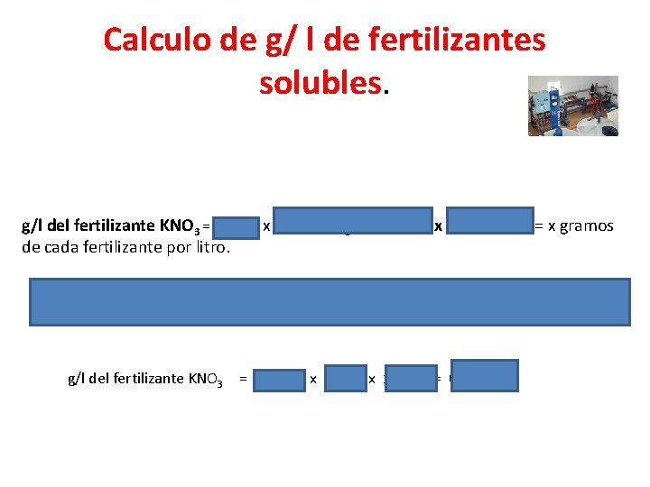 Calculo de g/ l de fertilizantes solubles. g/l del fertilizante KNO 3 = meq/l