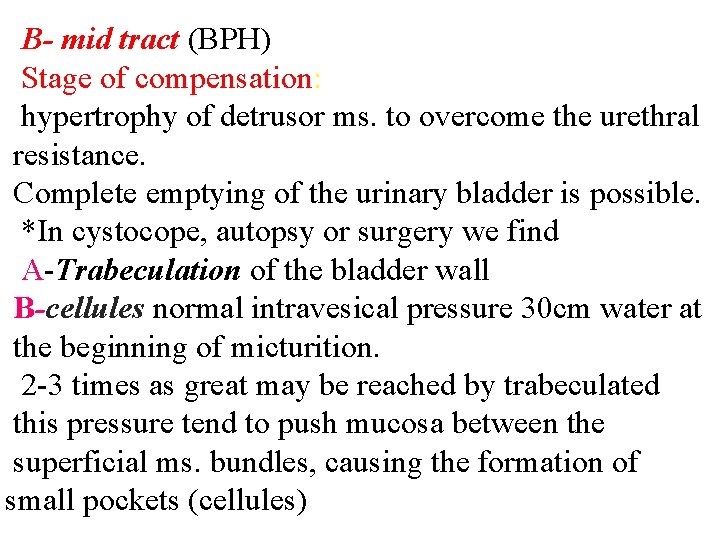 B- mid tract (BPH) Stage of compensation: hypertrophy of detrusor ms. to overcome the
