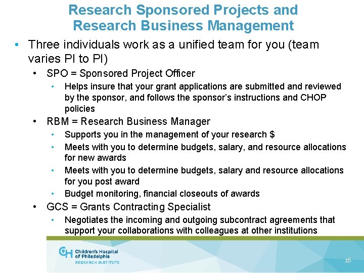 Research Sponsored Projects and Research Business Management • Three individuals work as a unified