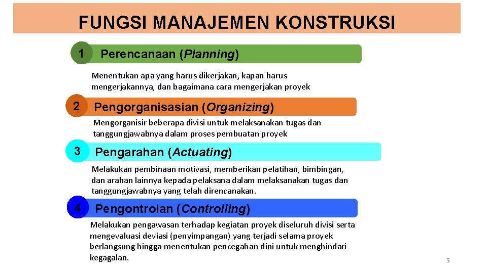 FUNGSI MANAJEMEN KONSTRUKSI 1 Perencanaan (Planning) Menentukan apa yang harus dikerjakan, kapan harus mengerjakannya,