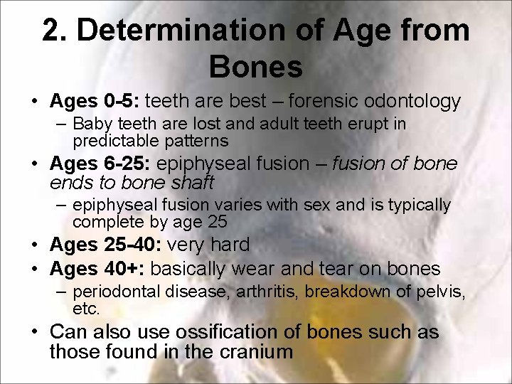 2. Determination of Age from Bones • Ages 0 -5: teeth are best –