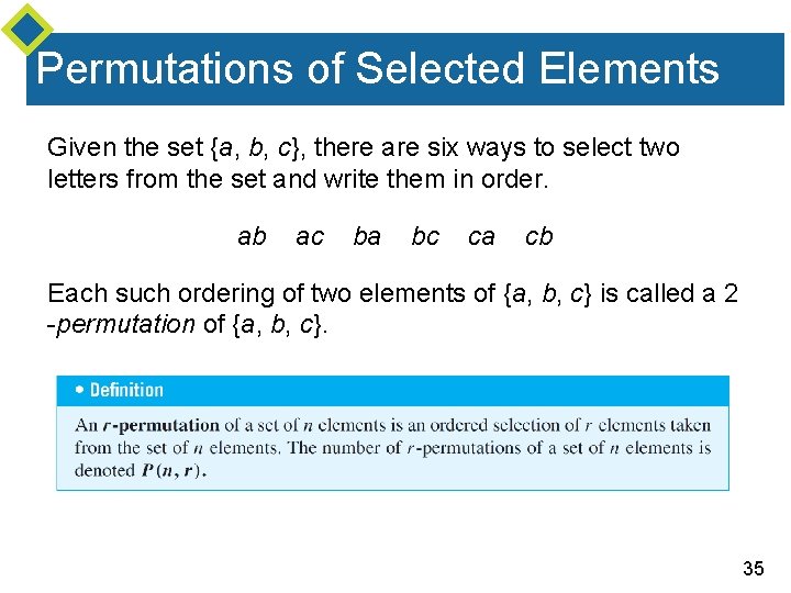 Permutations of Selected Elements Given the set {a, b, c}, there are six ways