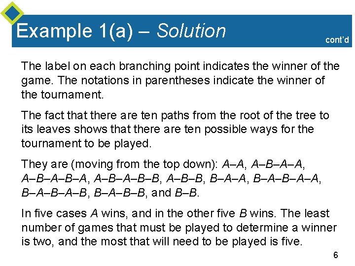 Example 1(a) – Solution cont’d The label on each branching point indicates the winner