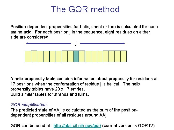 The GOR method Position-dependent propensities for helix, sheet or turn is calculated for each