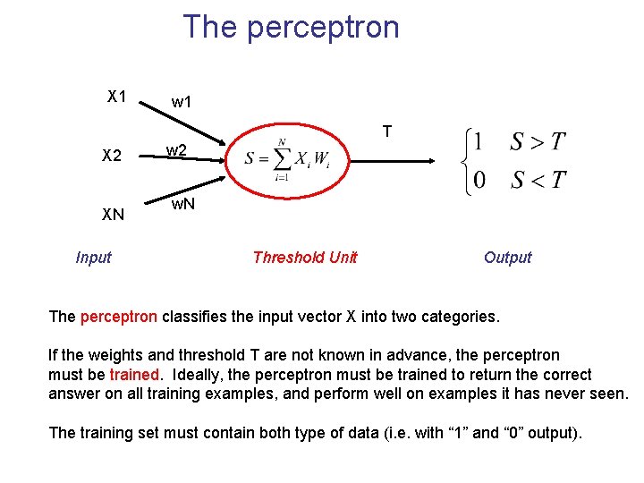 The perceptron X 1 w 1 T X 2 XN Input w 2 w.