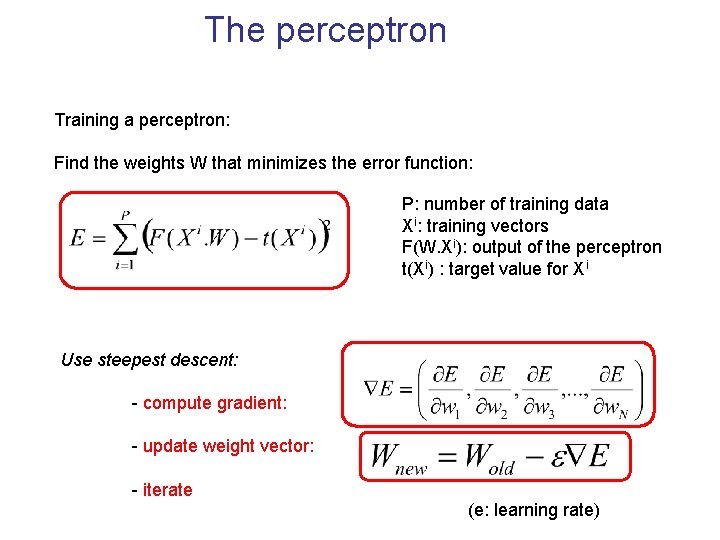 The perceptron Training a perceptron: Find the weights W that minimizes the error function: