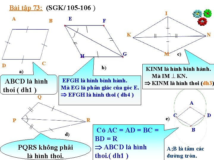 Bài tập 73: (SGK/ 105 -106 ) A B E I F K C