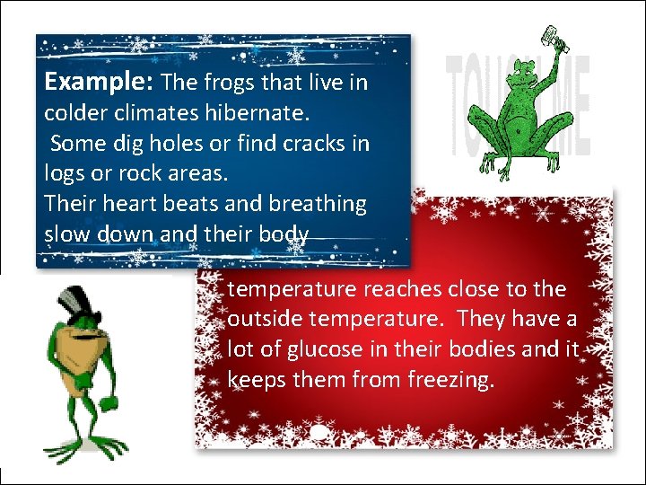 Example: The frogs that live in colder climates hibernate. Some dig holes or find