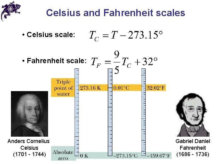 Celsius and Fahrenheit scales • Celsius scale: • Fahrenheit scale: Anders Cornelius Celsius (1701