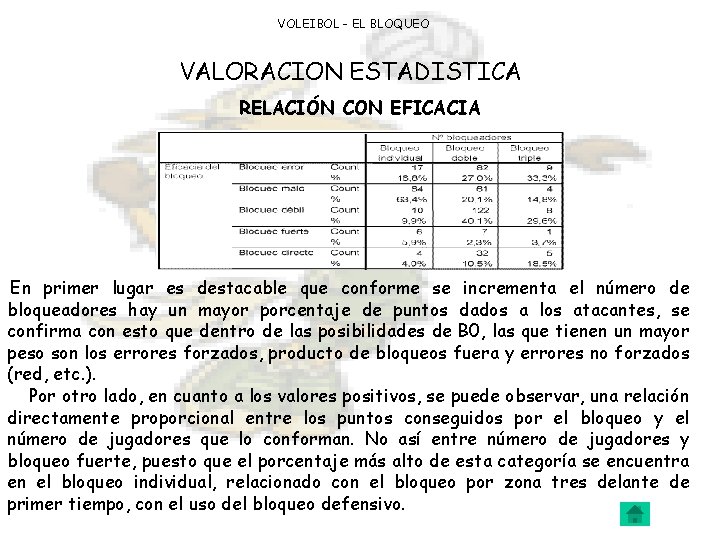 VOLEIBOL - EL BLOQUEO VALORACION ESTADISTICA RELACIÓN CON EFICACIA En primer lugar es destacable