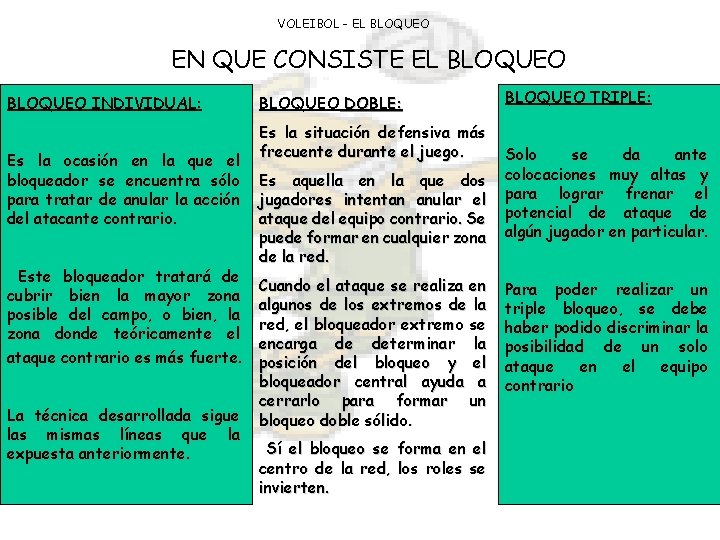 VOLEIBOL - EL BLOQUEO EN QUE CONSISTE EL BLOQUEO INDIVIDUAL: Es la ocasión en