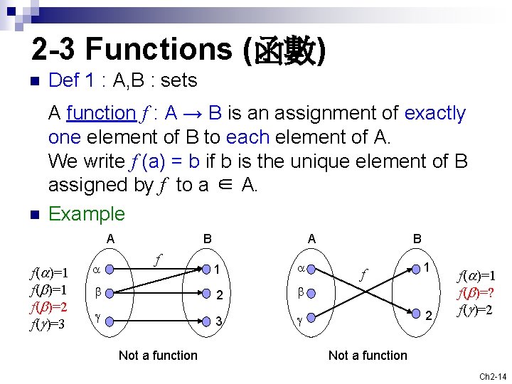 2 -3 Functions (函數) n Def 1 : A, B : sets n A