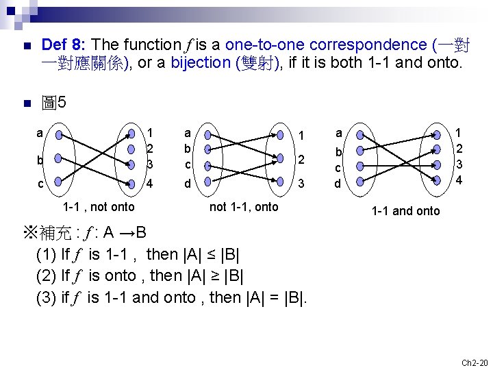 n Def 8: The function f is a one-to-one correspondence (一對 一對應關係), or a