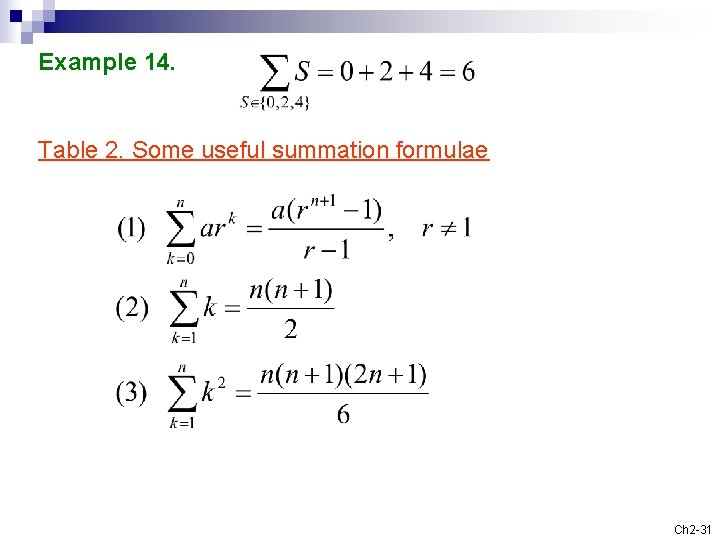 Example 14. Table 2. Some useful summation formulae Ch 2 -31 
