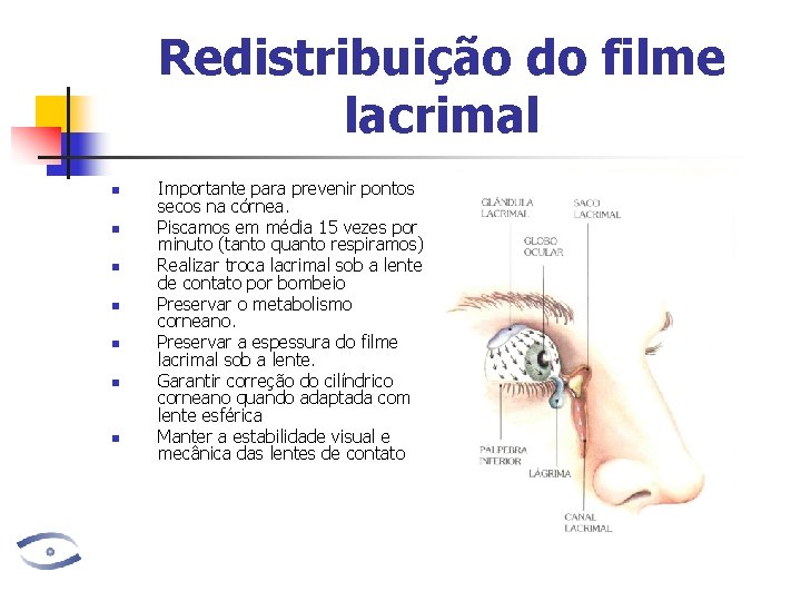 Redistribuição do filme lacrimal n n n n Importante para prevenir pontos secos na