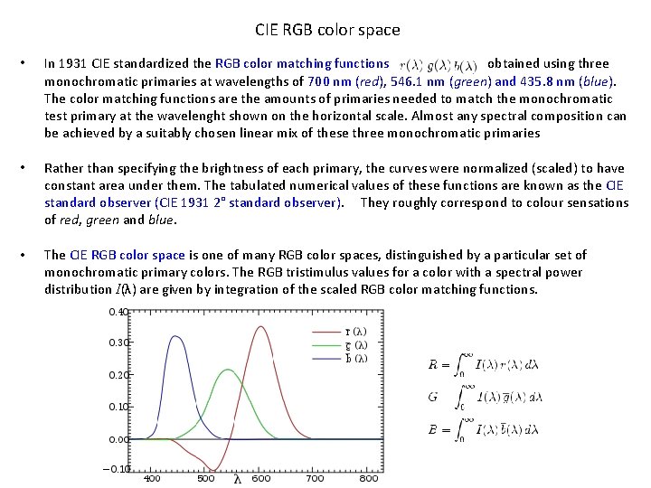  CIE RGB color space • In 1931 CIE standardized the RGB color matching