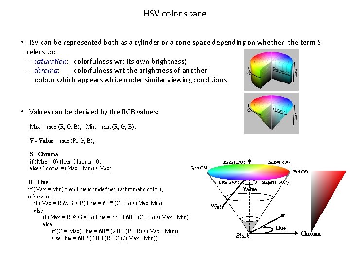 HSV color space • HSV can be represented both as a cylinder or a