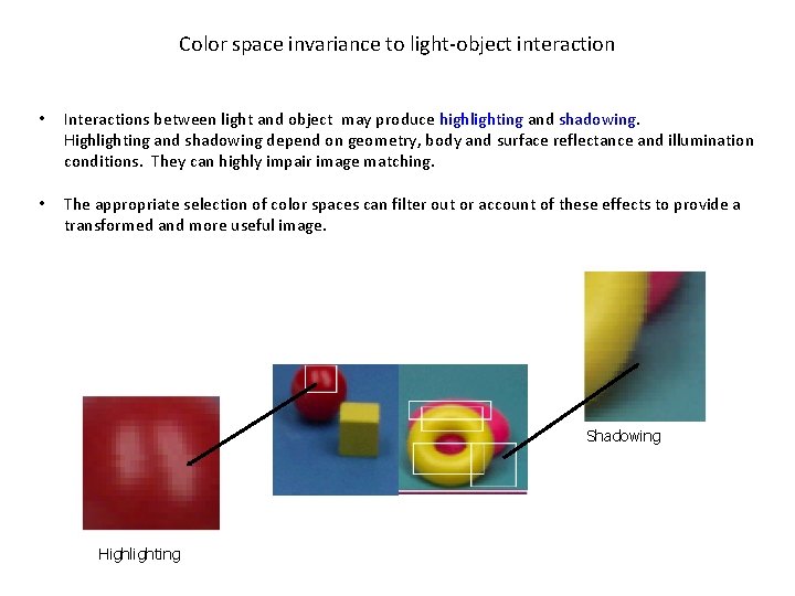 Color space invariance to light-object interaction • Interactions between light and object may produce