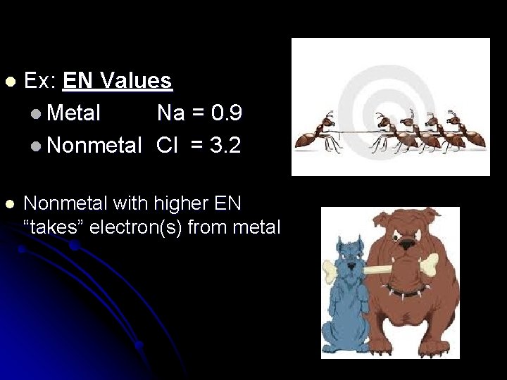 l Ex: EN Values l Metal Na = 0. 9 l Nonmetal Cl =