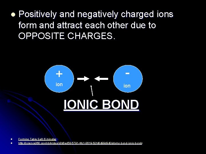 l Positively and negatively charged ions form and attract each other due to OPPOSITE