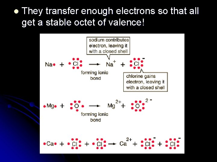 l They transfer enough electrons so that all get a stable octet of valence!