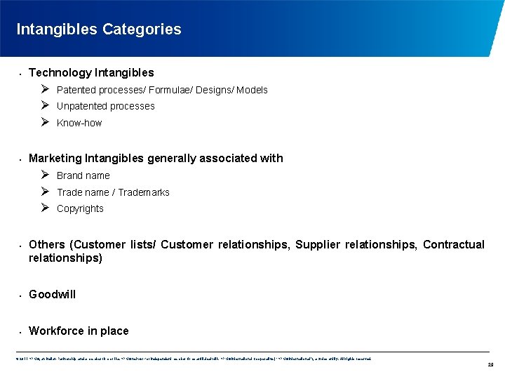 Intangibles Categories • Technology Intangibles Ø Ø Ø • Unpatented processes Know-how Marketing Intangibles