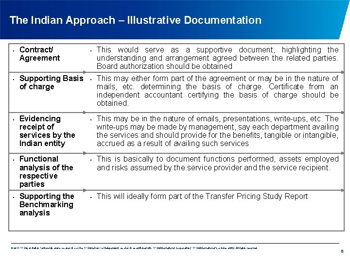 The Indian Approach – Illustrative Documentation • • • Contract/ Agreement Supporting Basis of