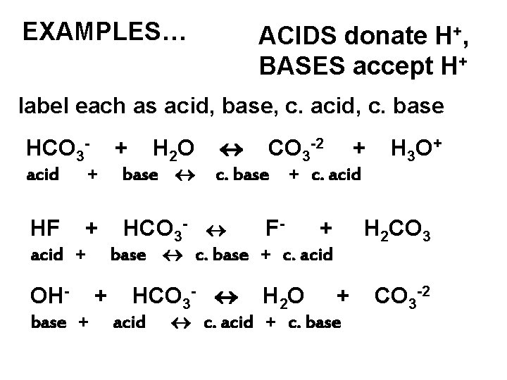 EXAMPLES… ACIDS donate H+, BASES accept H+ label each as acid, base, c. acid,