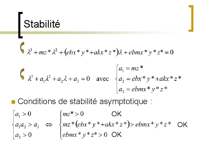 Stabilité n Conditions de stabilité asymptotique : OK OK OK 