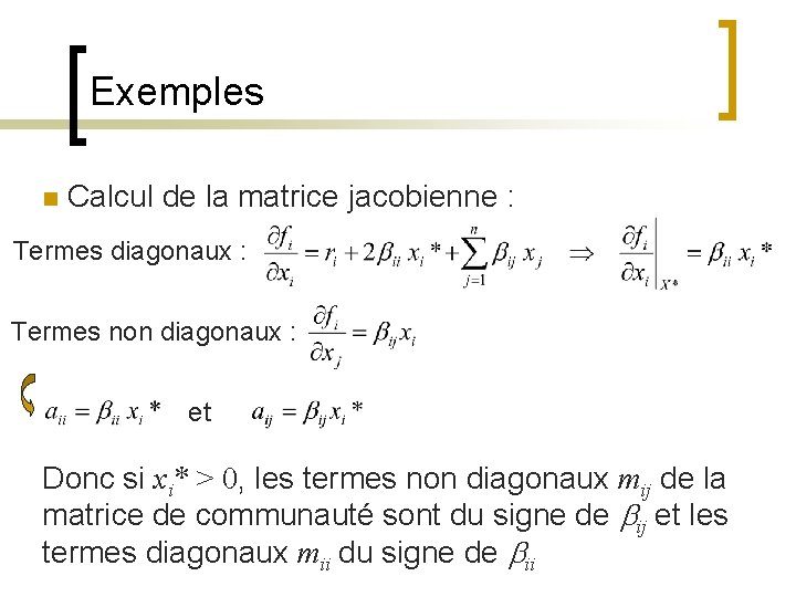 Exemples n Calcul de la matrice jacobienne : Termes diagonaux : Termes non diagonaux