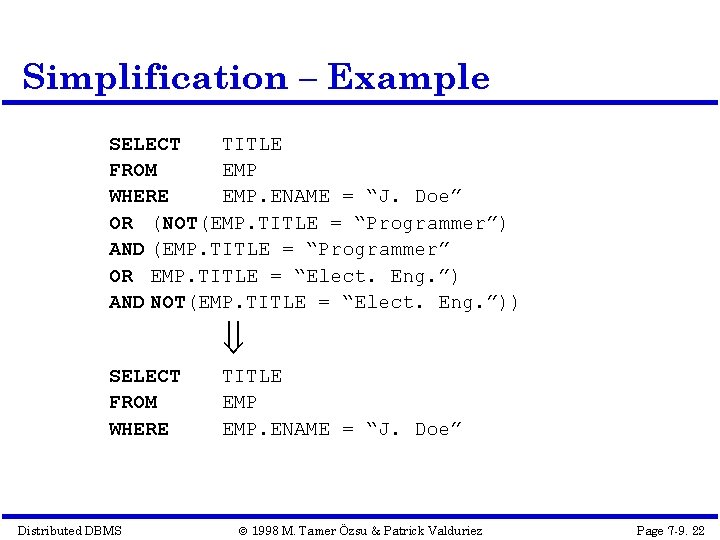 Simplification – Example SELECT TITLE FROM EMP WHERE EMP. ENAME = “J. Doe” OR