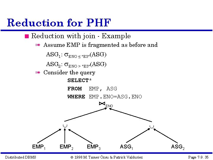 Reduction for PHF Reduction with join - Example à Assume EMP is fragmented as