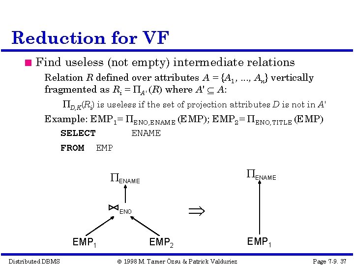 Reduction for VF Find useless (not empty) intermediate relations Relation R defined over attributes