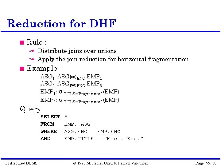 Reduction for DHF Rule : à Distribute joins over unions à Apply the join