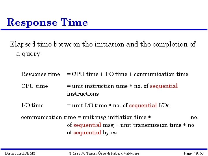 Response Time Elapsed time between the initiation and the completion of a query Response