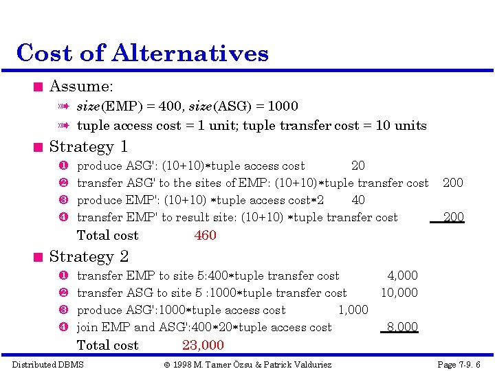 Cost of Alternatives Assume: à size(EMP) = 400, size(ASG) = 1000 à tuple access