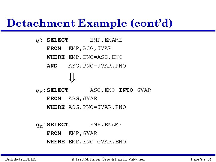 Detachment Example (cont’d) q': SELECT EMP. ENAME FROM EMP, ASG, JVAR WHERE EMP. ENO=ASG.