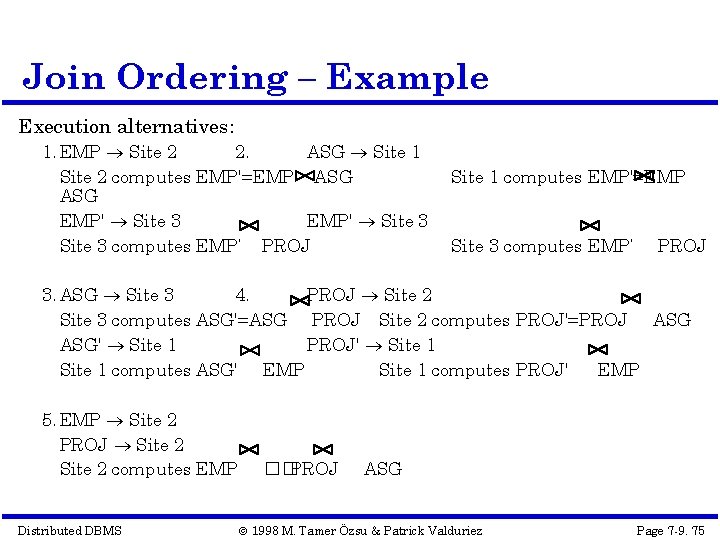 Join Ordering – Example Execution alternatives: 1. EMP Site 2 2. ASG Site 1