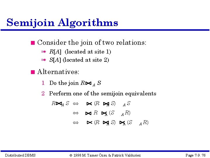 Semijoin Algorithms Consider the join of two relations: à R[A] (located at site 1)