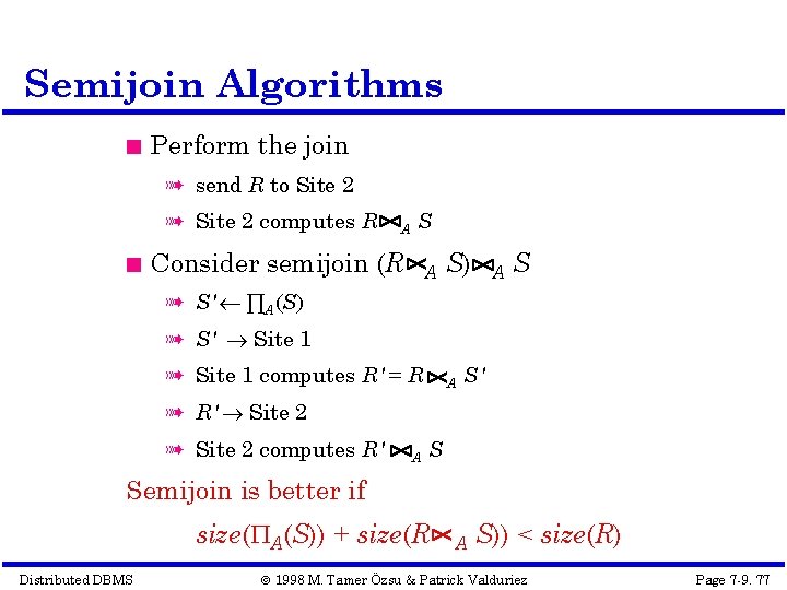 Semijoin Algorithms Perform the join à send R to Site 2 à Site 2