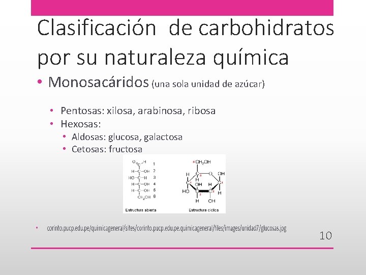 Clasificación de carbohidratos por su naturaleza química • Monosacáridos (una sola unidad de azúcar)
