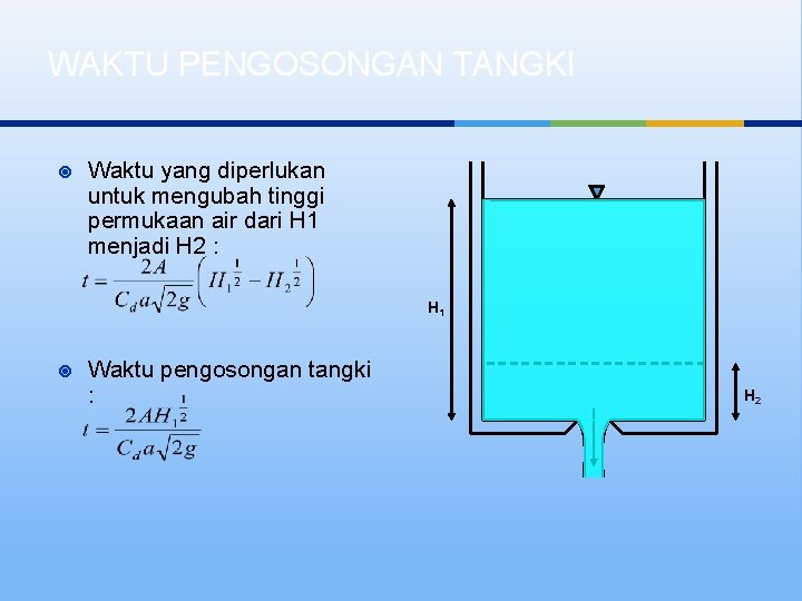 WAKTU PENGOSONGAN TANGKI ¥ Waktu yang diperlukan untuk mengubah tinggi permukaan air dari H
