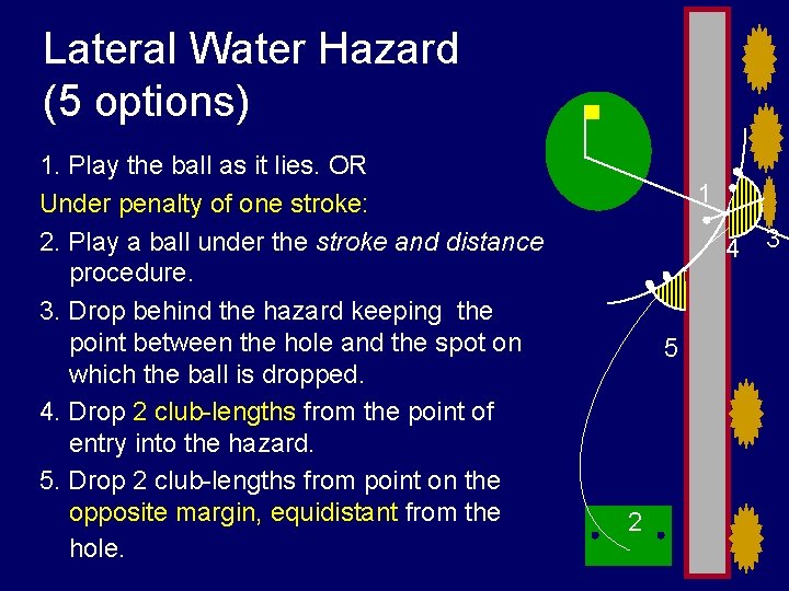 Lateral Water Hazard (5 options) 1. Play the ball as it lies. OR Under