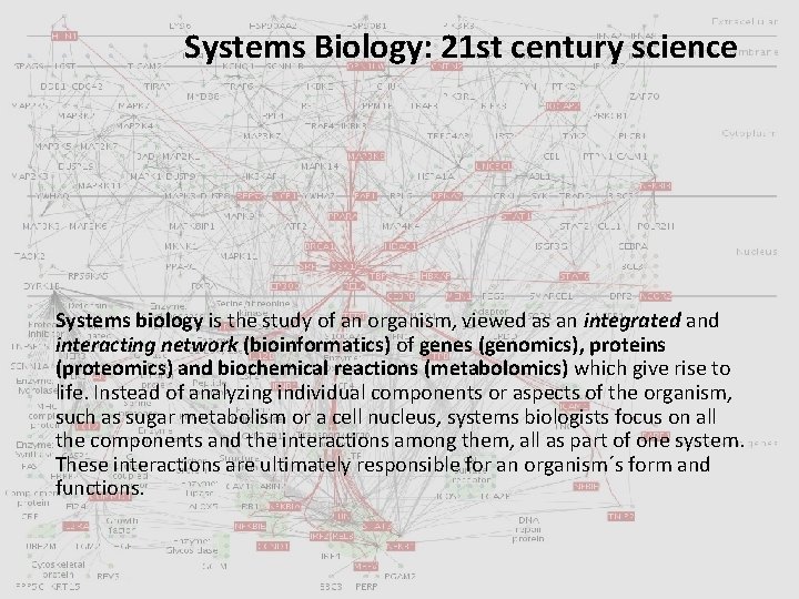 Systems Biology: 21 st century science Systems biology is the study of an organism,