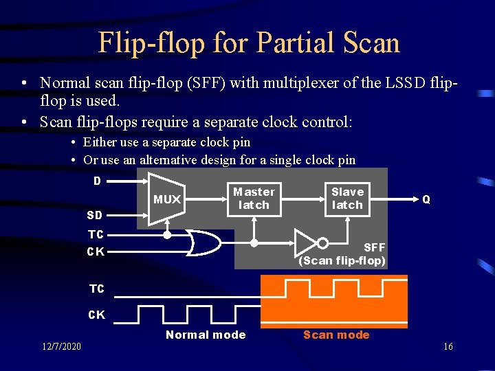 Flip-flop for Partial Scan • Normal scan flip-flop (SFF) with multiplexer of the LSSD