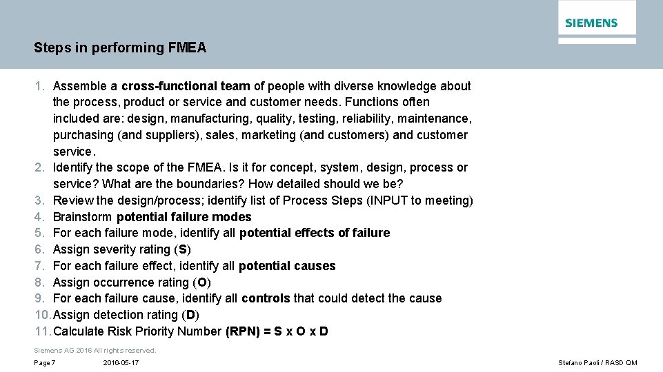 Steps in performing FMEA 1. Assemble a cross-functional team of people with diverse knowledge