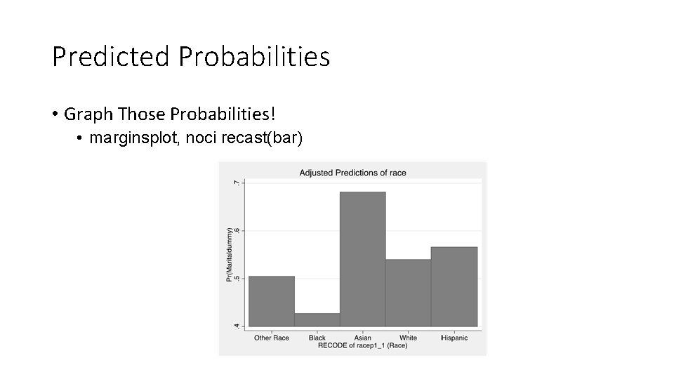 Predicted Probabilities • Graph Those Probabilities! • marginsplot, noci recast(bar) 