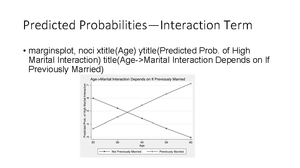 Predicted Probabilities—Interaction Term • marginsplot, noci xtitle(Age) ytitle(Predicted Prob. of High Marital Interaction) title(Age->Marital