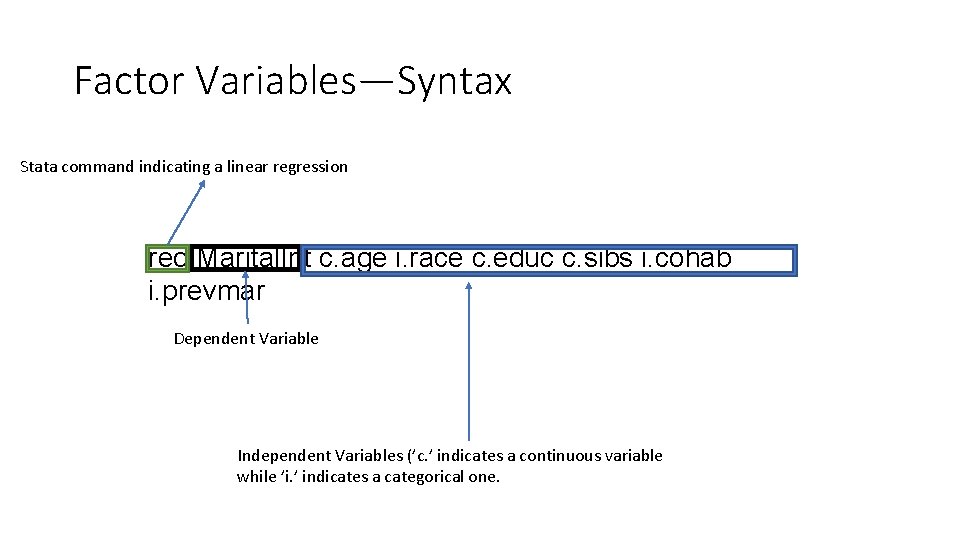 Factor Variables—Syntax Stata command indicating a linear regression reg Marital. Int c. age i.