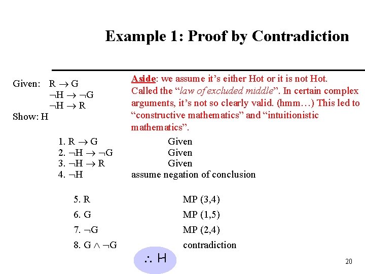 Example 1: Proof by Contradiction Given: R G H R Show: H 1. R